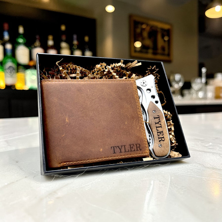 Personalized Groomsmen Gift Set – Engraved Wallet & Knife Gift for Wedding Party, Boyfriend & Gift for Him