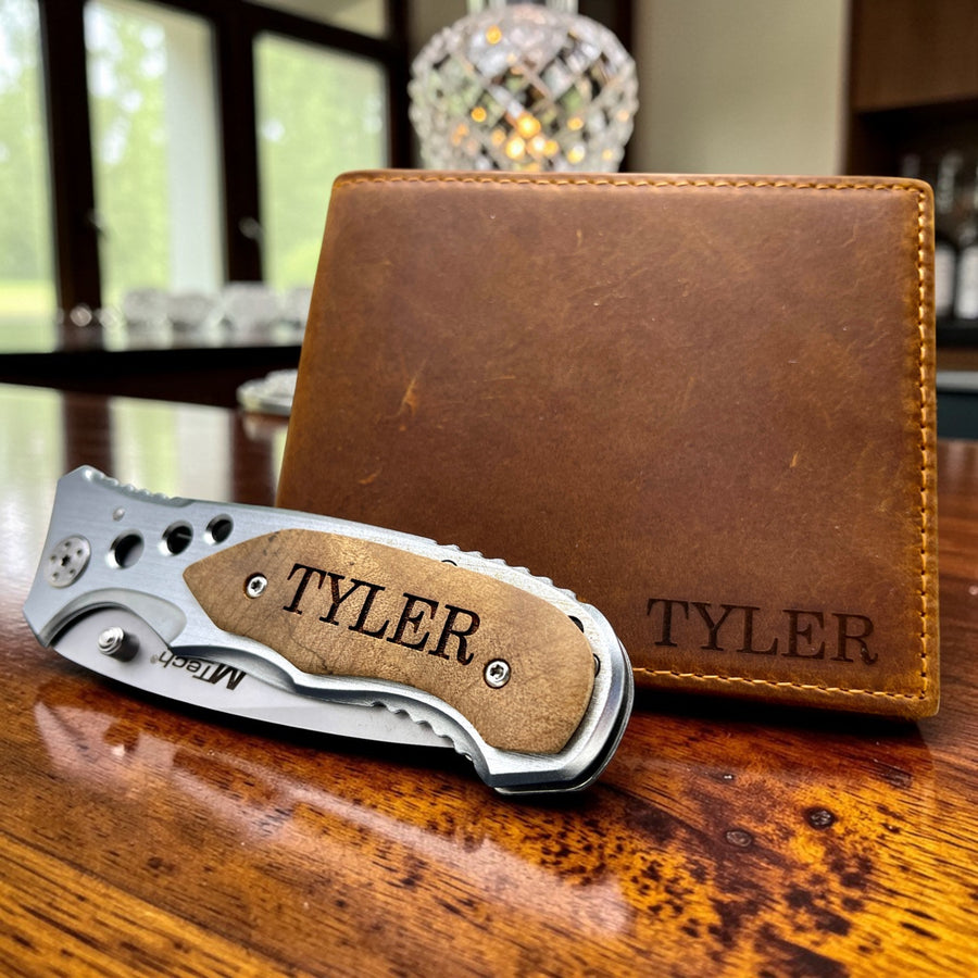 Personalized Groomsmen Gift Set – Engraved Wallet & Knife Gift for Wedding Party, Boyfriend & Gift for Him