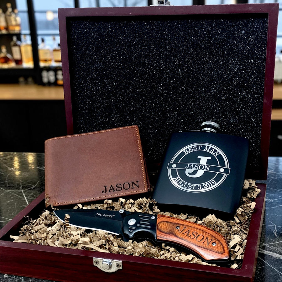 Build Your Own Personalized Groomsmen Gift Set – Engraved Box, Flask, Wallet & Knife – Best Man, Wedding Party Gift