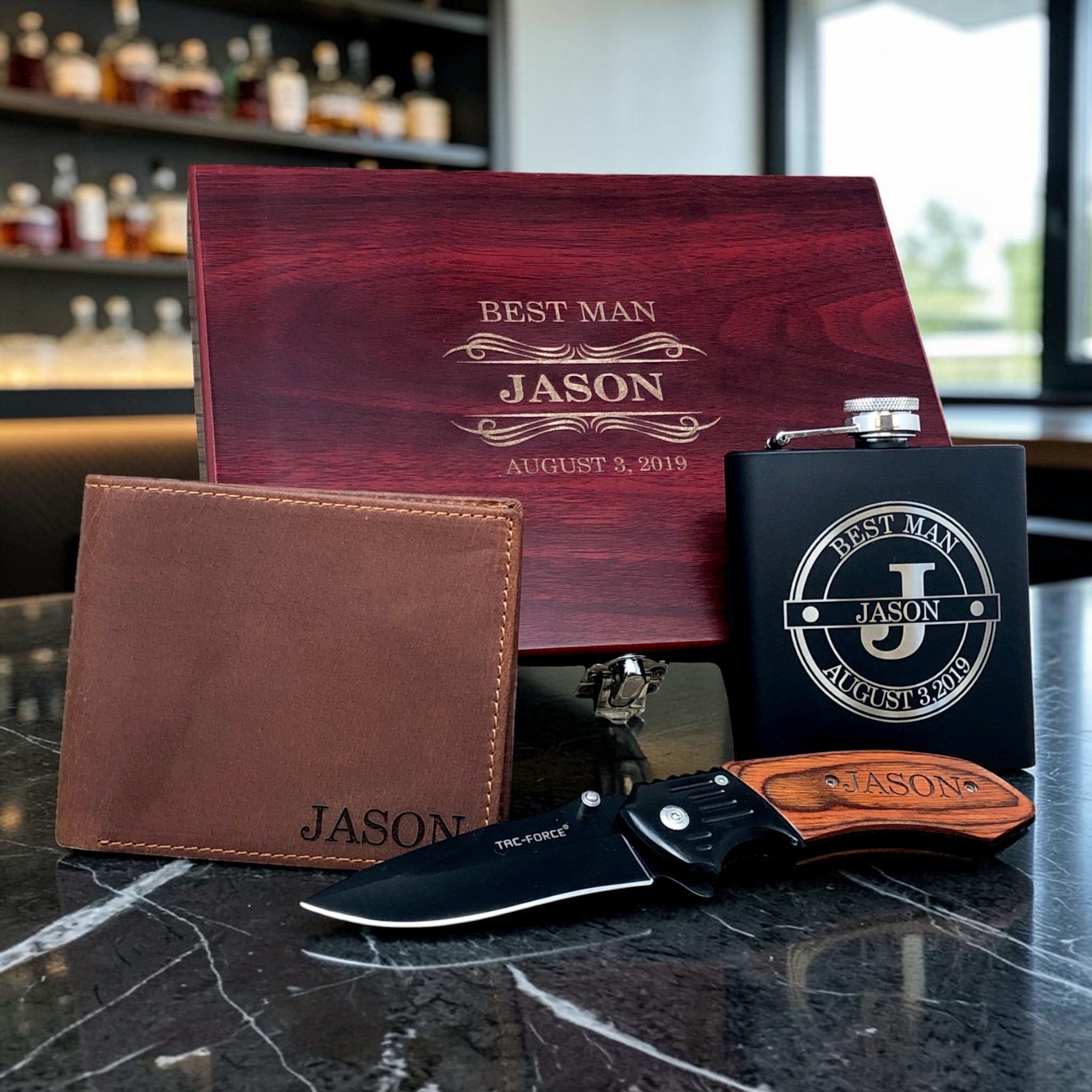 Personalized Groomsmen Gift | Engraved Wood Box with Flask
