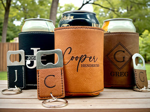 Engraved Can Cooler & Bottle Opener Set – Personalized Groomsmen Gift with Gift Box – Best Man, Wedding Party, Bachelor Gift