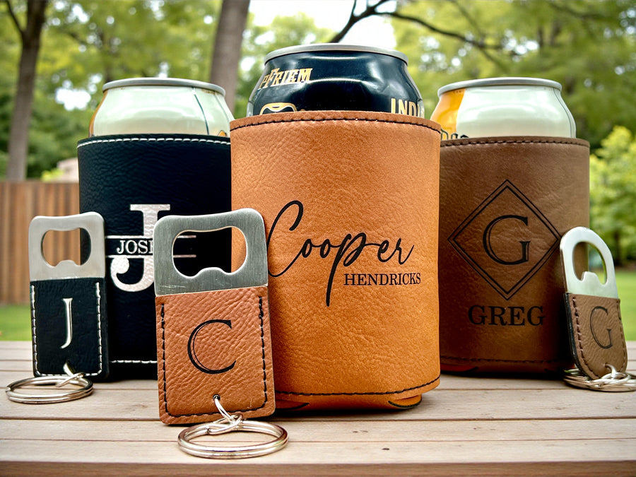 Engraved Can Cooler & Bottle Opener Set – Personalized Groomsmen Gift with Gift Box – Best Man, Wedding Party, Bachelor Gift