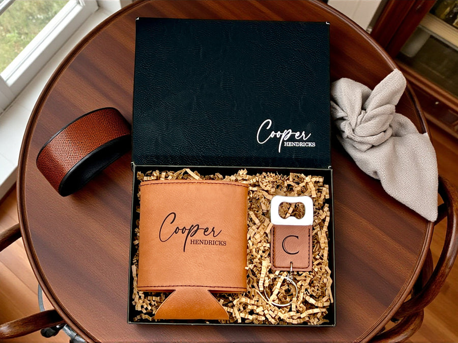 Engraved Can Cooler & Bottle Opener Set – Personalized Groomsmen Gift with Gift Box – Best Man, Wedding Party, Bachelor Gift