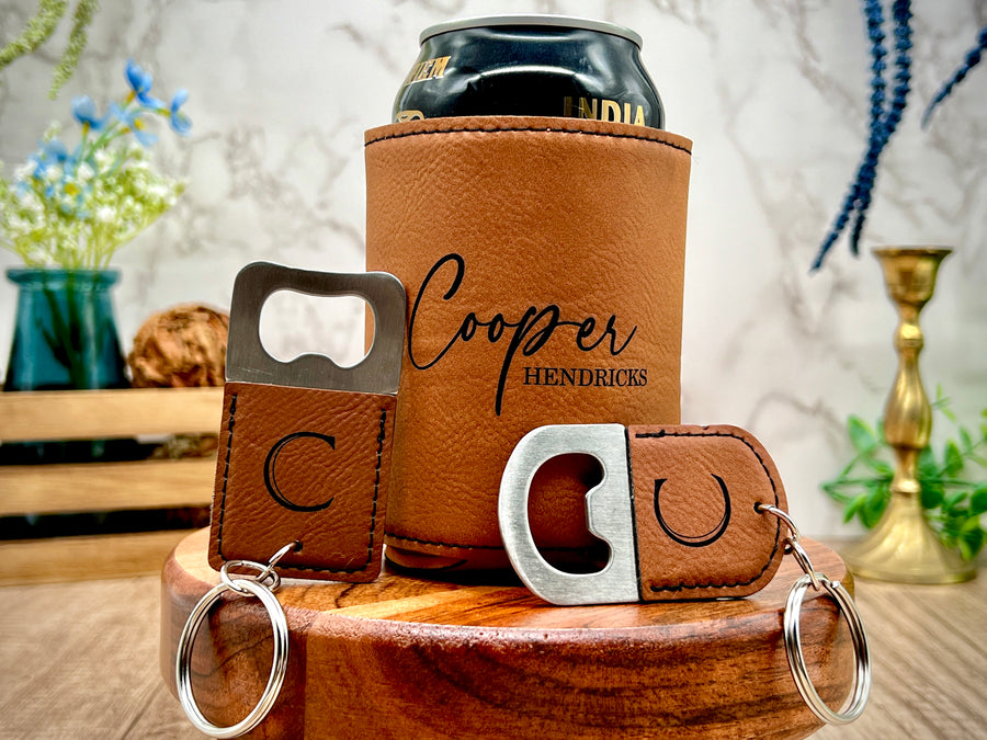 Engraved Can Cooler & Bottle Opener Set – Personalized Groomsmen Gift with Gift Box – Best Man, Wedding Party, Bachelor Gift