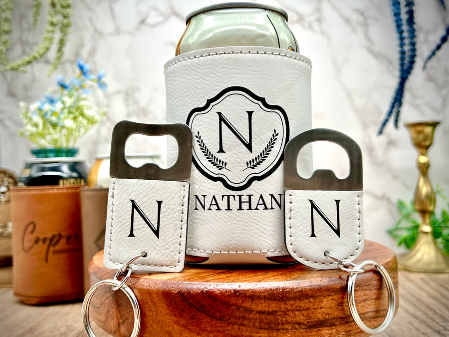 Engraved Can Cooler & Bottle Opener Set – Personalized Groomsmen Gift with Gift Box – Best Man, Wedding Party, Bachelor Gift
