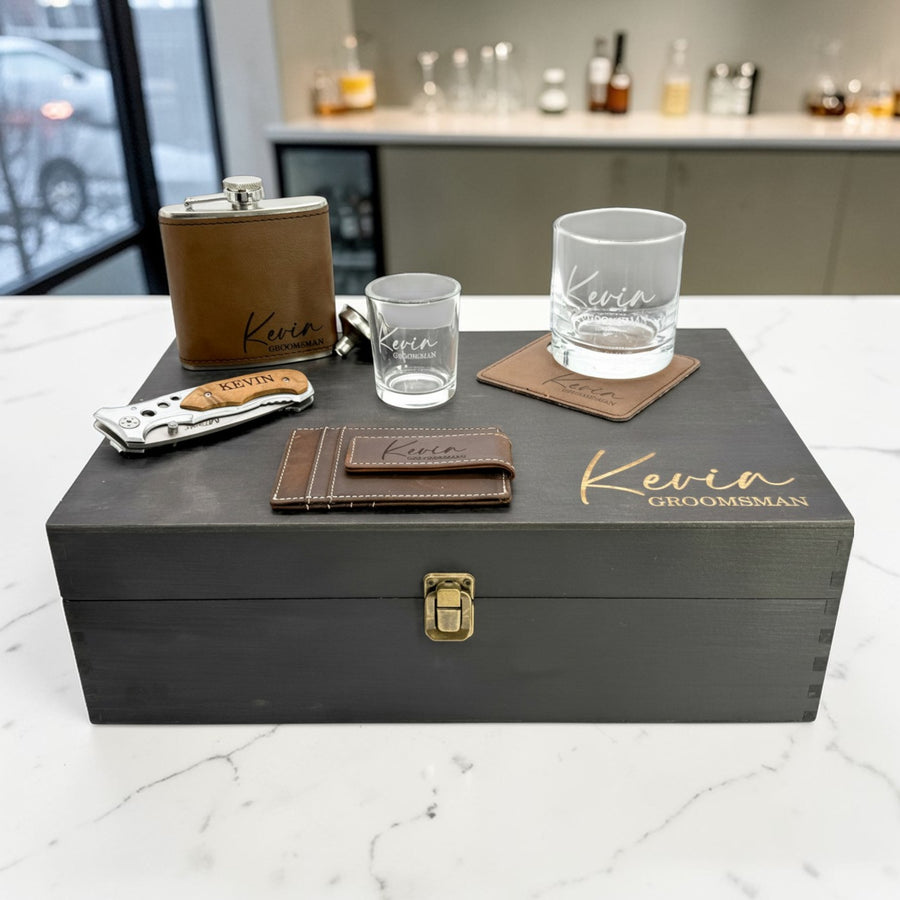 Personalized Groomsmen Gift Box Set – Engraved Wood Box, Flask, Wallet & Complete Accessory Set – Best Man Gift