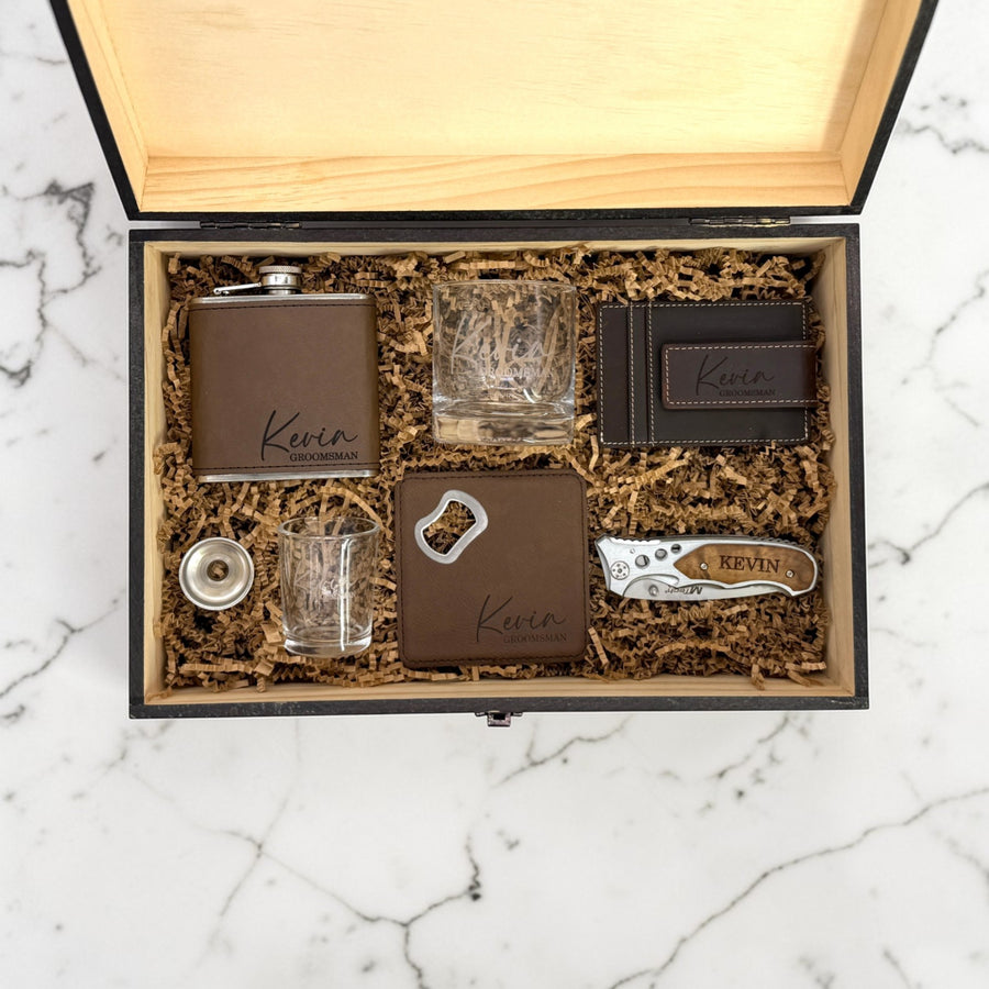 Personalized Groomsmen Gift Box Set – Engraved Wood Box, Flask, Wallet & Complete Accessory Set – Best Man Gift