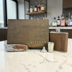 Personalized Groomsmen Gift Box – Engraved Wood Box, Flask & Pocket Tool Set – Best Man Wedding Gift