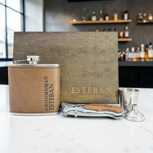 Personalized Groomsmen Gift Box – Engraved Wood Box, Flask & Pocket Tool Set – Best Man Wedding Gift