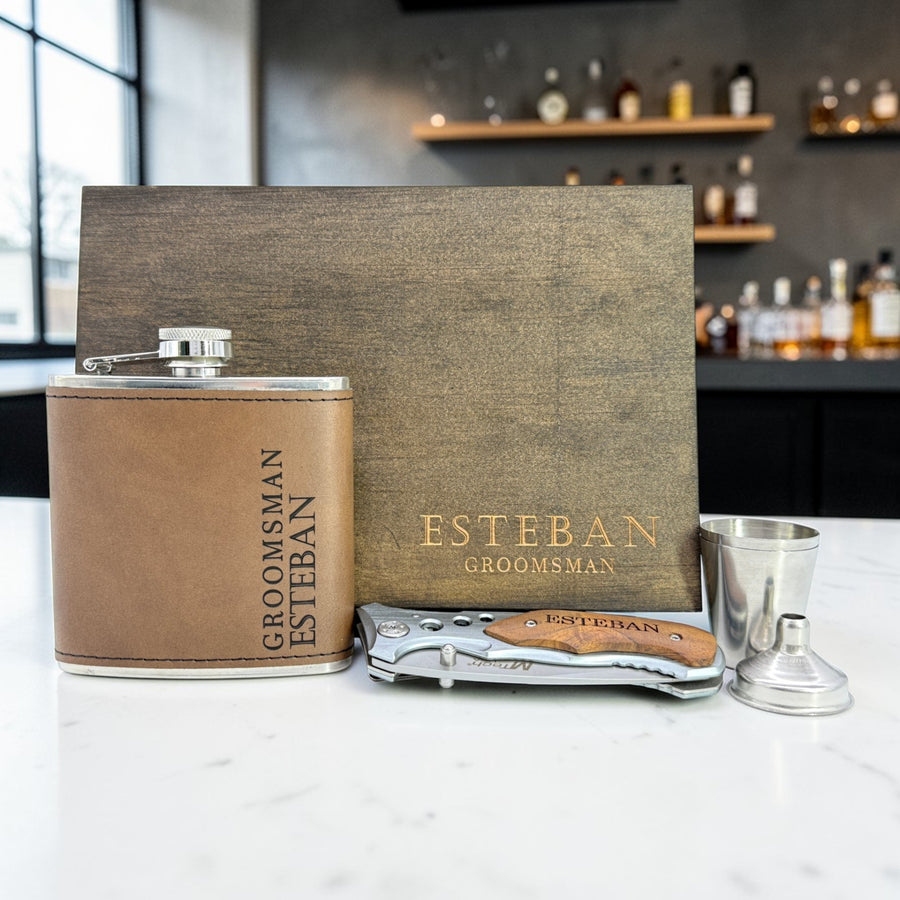 Personalized Groomsmen Gift Box – Engraved Wood Box, Flask & Pocket Tool Set – Best Man Wedding Gift