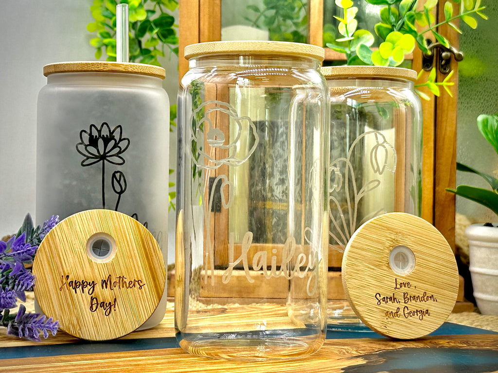 Iced Coffee Cup with Lid and Straw Personalized Engraved Can Glass Mug Gifts for Mom Flower Gift Coffee Cup
