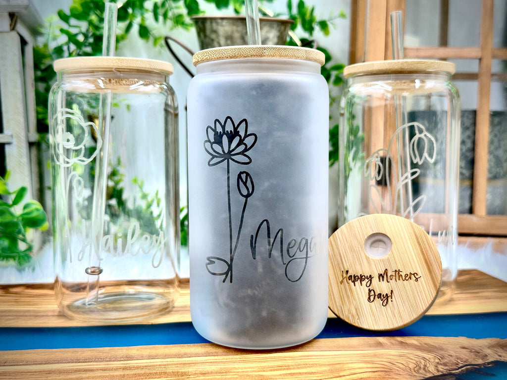 Iced Coffee Cup with Lid and Straw Personalized Engraved Can Glass Mug Gifts for Mom Flower Gift Coffee Cup