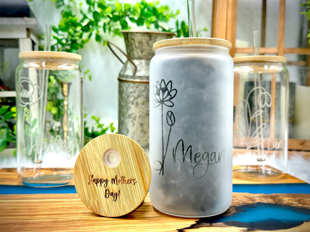 Iced Coffee Cup with Lid and Straw Personalized Engraved Can Glass Mug Gifts for Mom Flower Gift Coffee Cup
