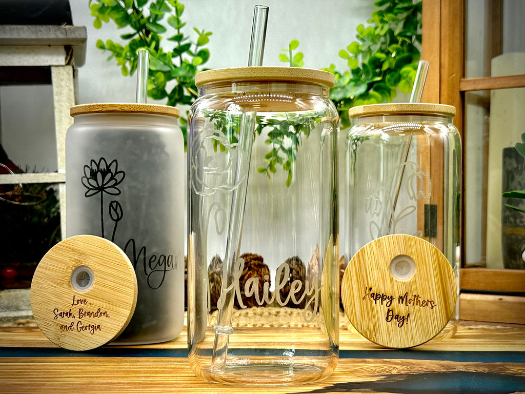 Iced Coffee Cup with Lid and Straw Personalized Engraved Can Glass Mug Gifts for Mom Flower Gift Coffee Cup