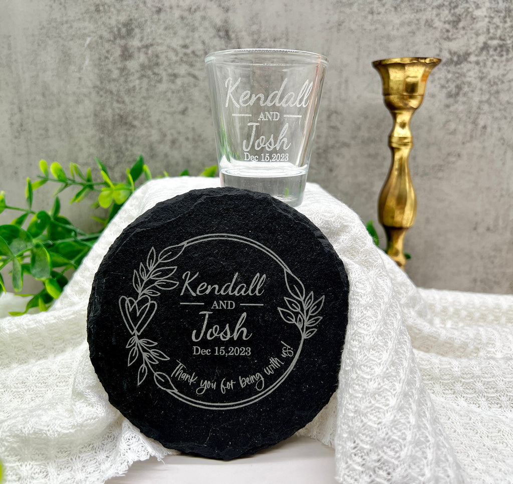 Wedding Favors, Engraved Shot glasses, Engraved Slate Coaster, Wedding Party Favors, Bridesmaid Gifts, Groomsman Gifts, Wedding Gift