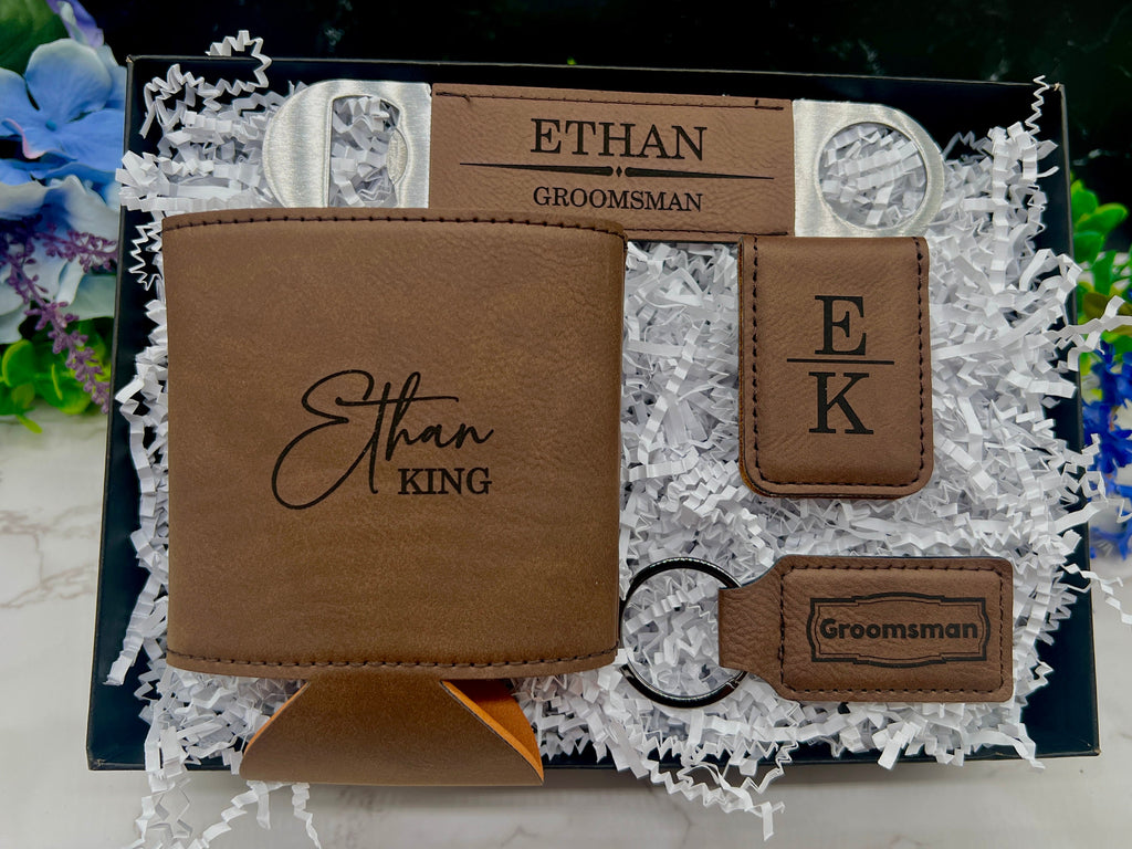 Groomsman Gifts, Best Man Gift Set, Can Cooler, Bottle Opener, Keychain, Money Clip, Personalized Gifts