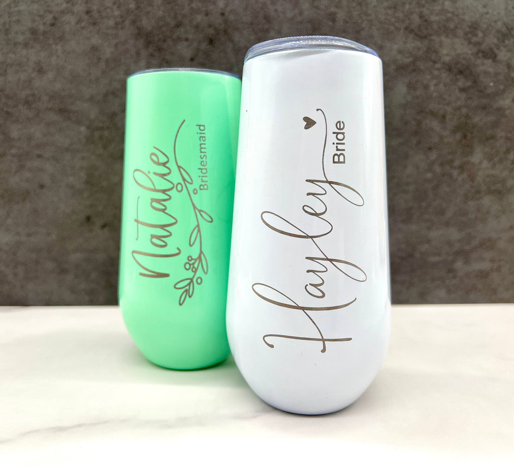 Personalized Champagne Tumbler, Bridesmaids Gift, Bridal Party Gift, Custom 6oz Champagne Tumbler, Maid of Honor Gifts