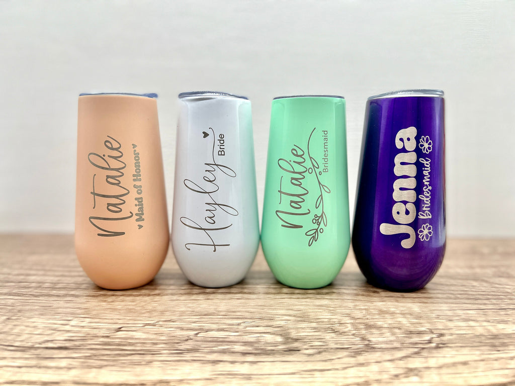 Personalized Champagne Tumbler, Bridesmaids Gift, Bridal Party Gift, Custom 6oz Champagne Tumbler, Maid of Honor Gifts