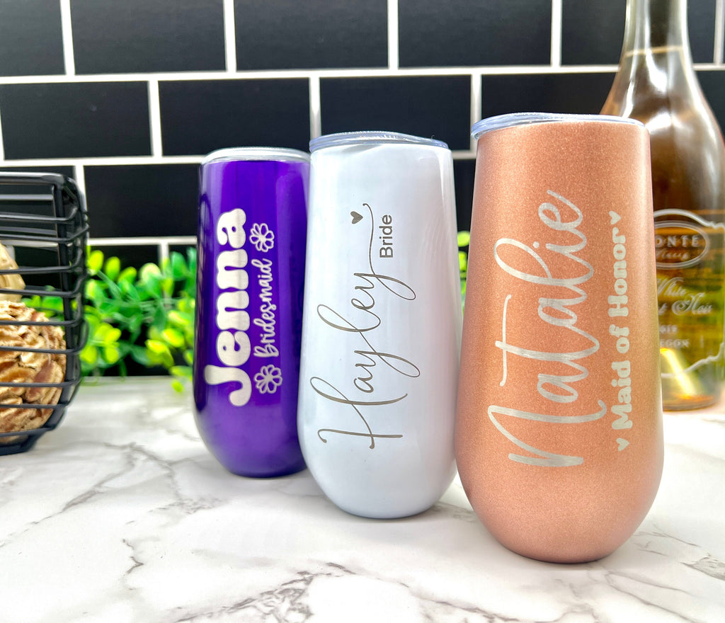 Personalized Champagne Tumbler, Bridesmaids Gift, Bridal Party Gift, Custom 6oz Champagne Tumbler, Maid of Honor Gifts