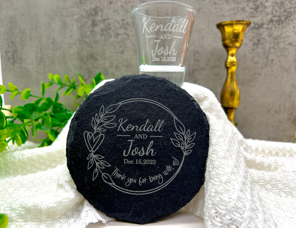 Wedding Favors, Engraved Shot glasses, Engraved Slate Coaster, Wedding Party Favors, Bridesmaid Gifts, Groomsman Gifts, Wedding Gift