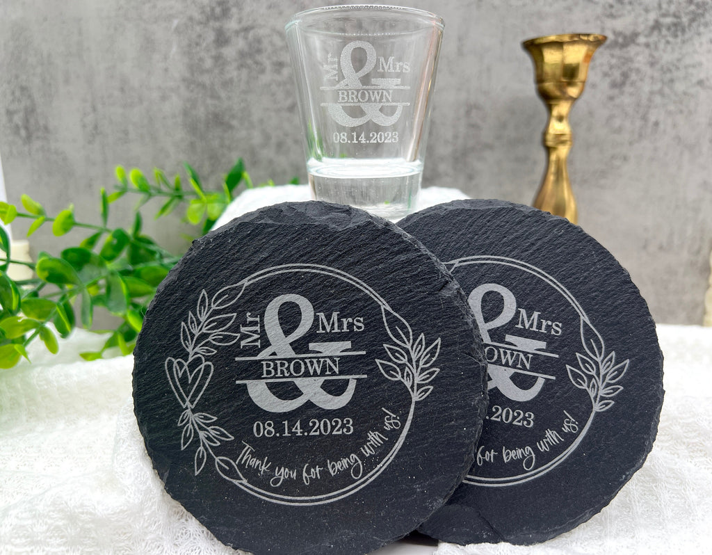 Wedding Favors, Engraved Shot glasses, Engraved Slate Coaster, Wedding Party Favors, Bridesmaid Gifts, Groomsman Gifts, Wedding Gift