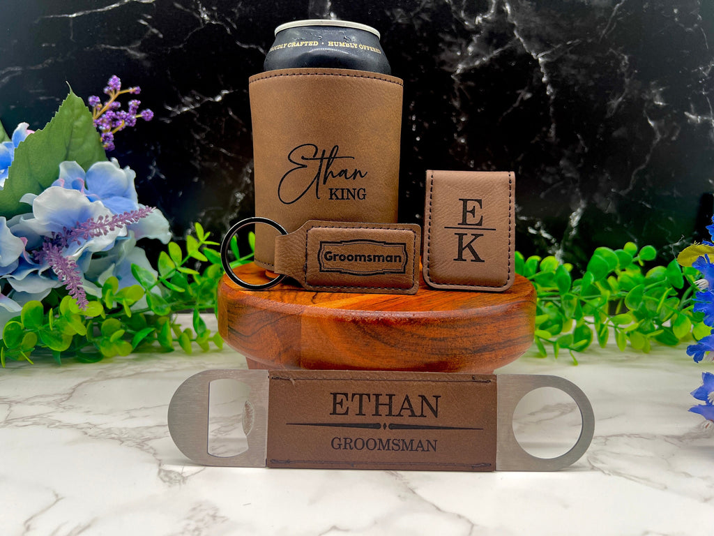 Groomsman Gifts, Best Man Gift Set, Can Cooler, Bottle Opener, Keychain, Money Clip, Personalized Gifts