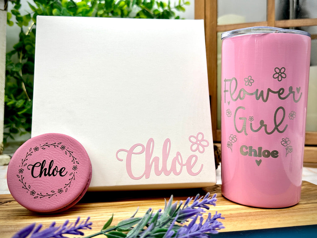 Gift for Flower Girl, Flower Girl Gift set with personalized Tumbler, Makeup Bag, Compact Mirror and Gift Box
