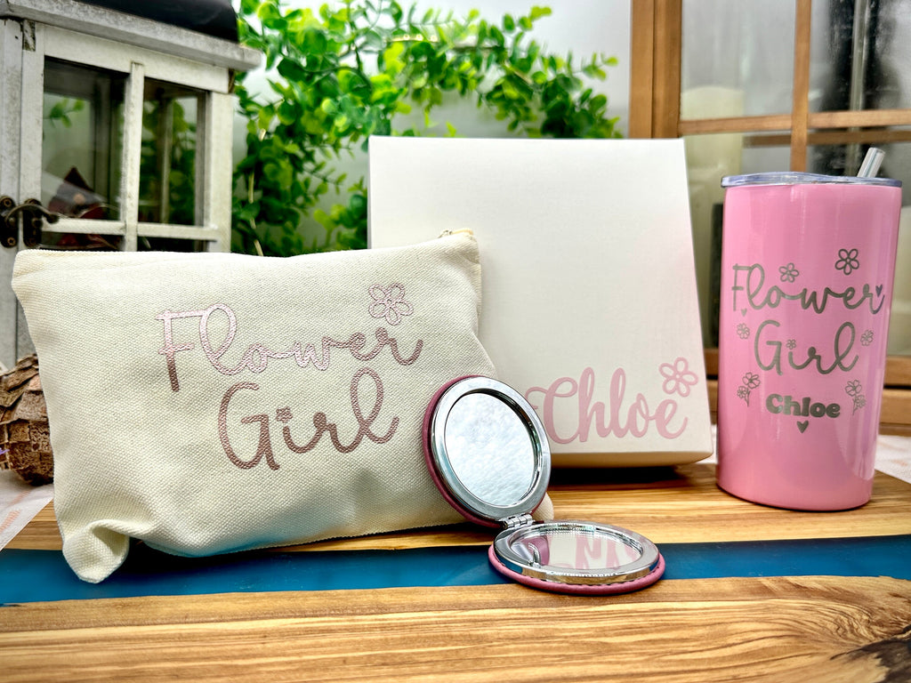 Gift for Flower Girl, Flower Girl Gift set with personalized Tumbler, Makeup Bag, Compact Mirror and Gift Box