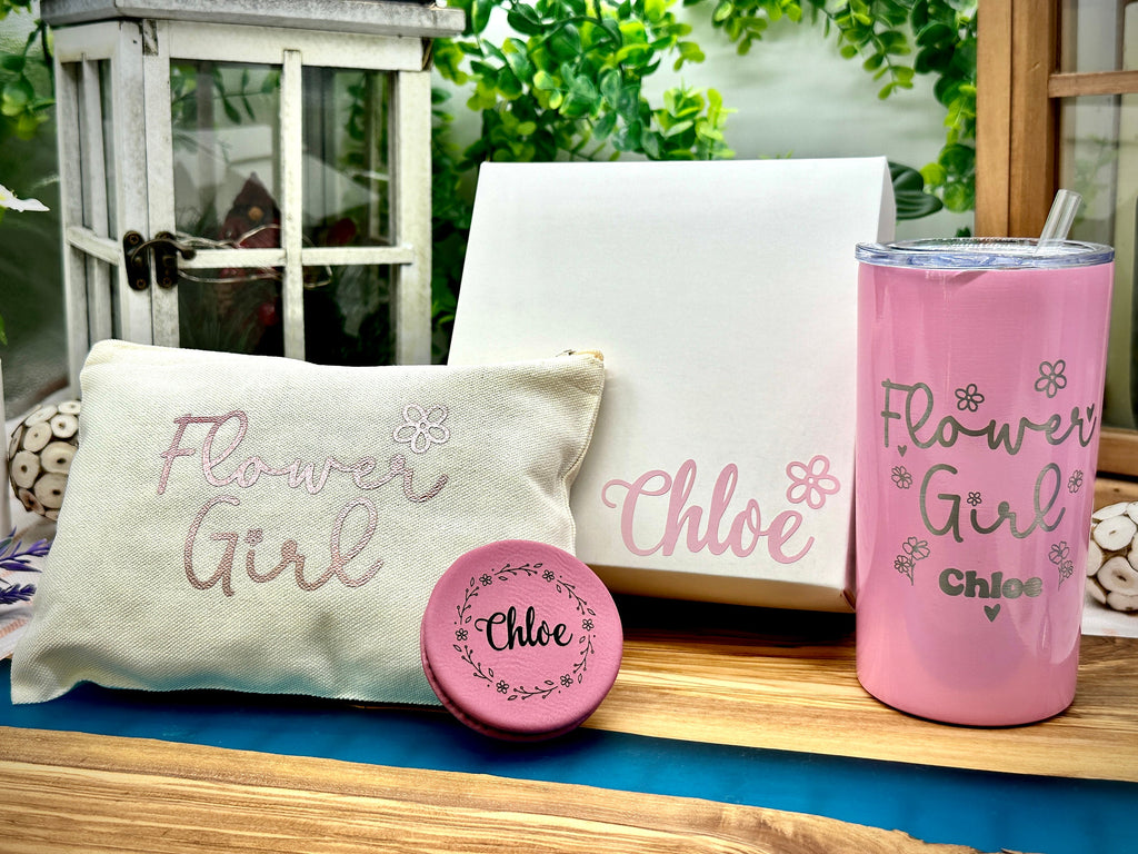Gift for Flower Girl, Flower Girl Gift set with personalized Tumbler, Makeup Bag, Compact Mirror and Gift Box