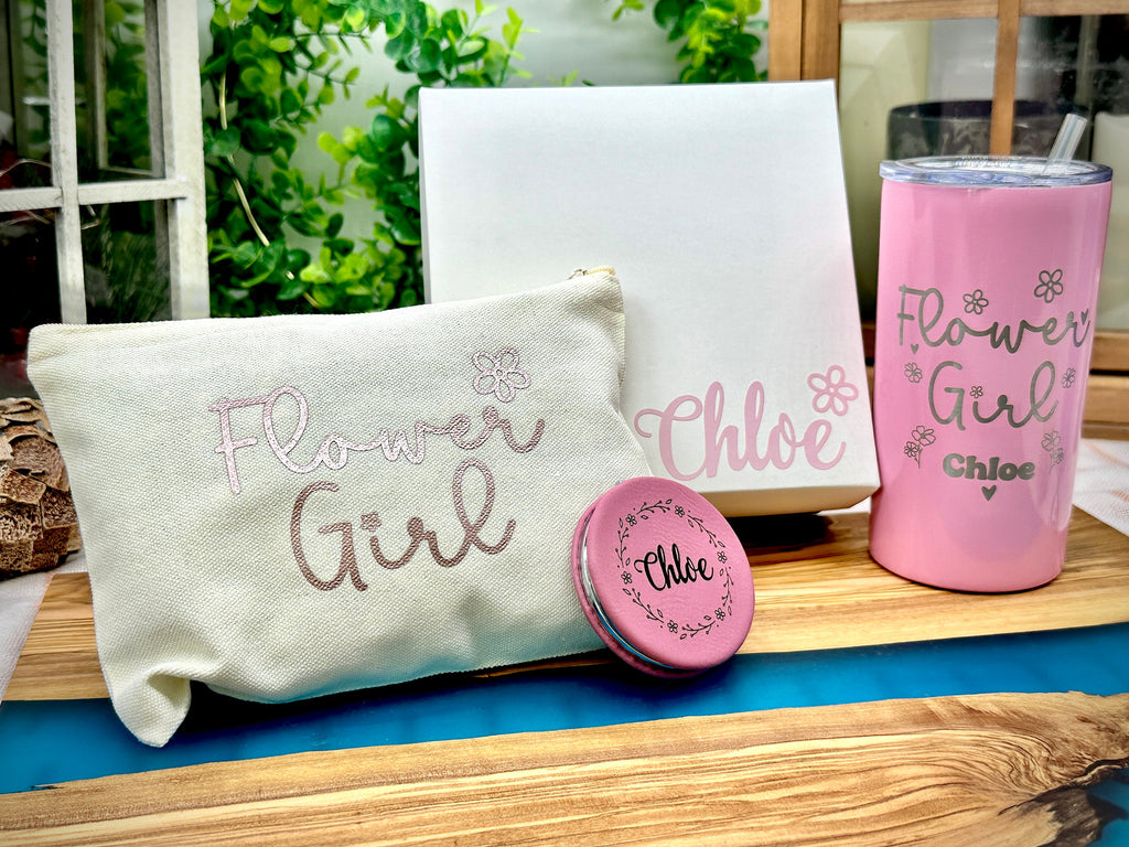 Gift for Flower Girl, Flower Girl Gift set with personalized Tumbler, Makeup Bag, Compact Mirror and Gift Box