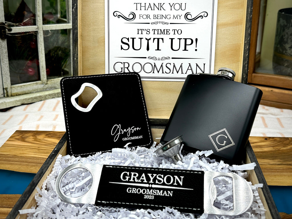 Groomsman Proposal Wood Gift Box, Engraved Flask, Bottle opener, Coaster, Groomsman Custom Gift Set