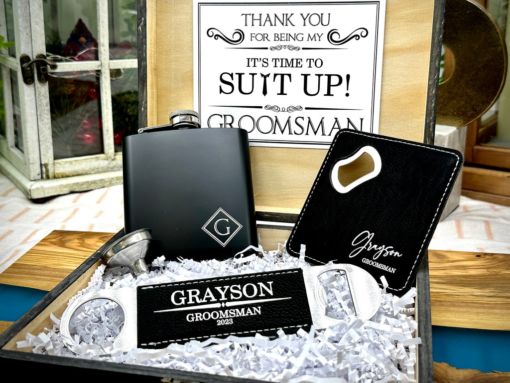 Groomsman Proposal Wood Gift Box, Engraved Flask, Bottle opener, Coaster, Groomsman Custom Gift Set