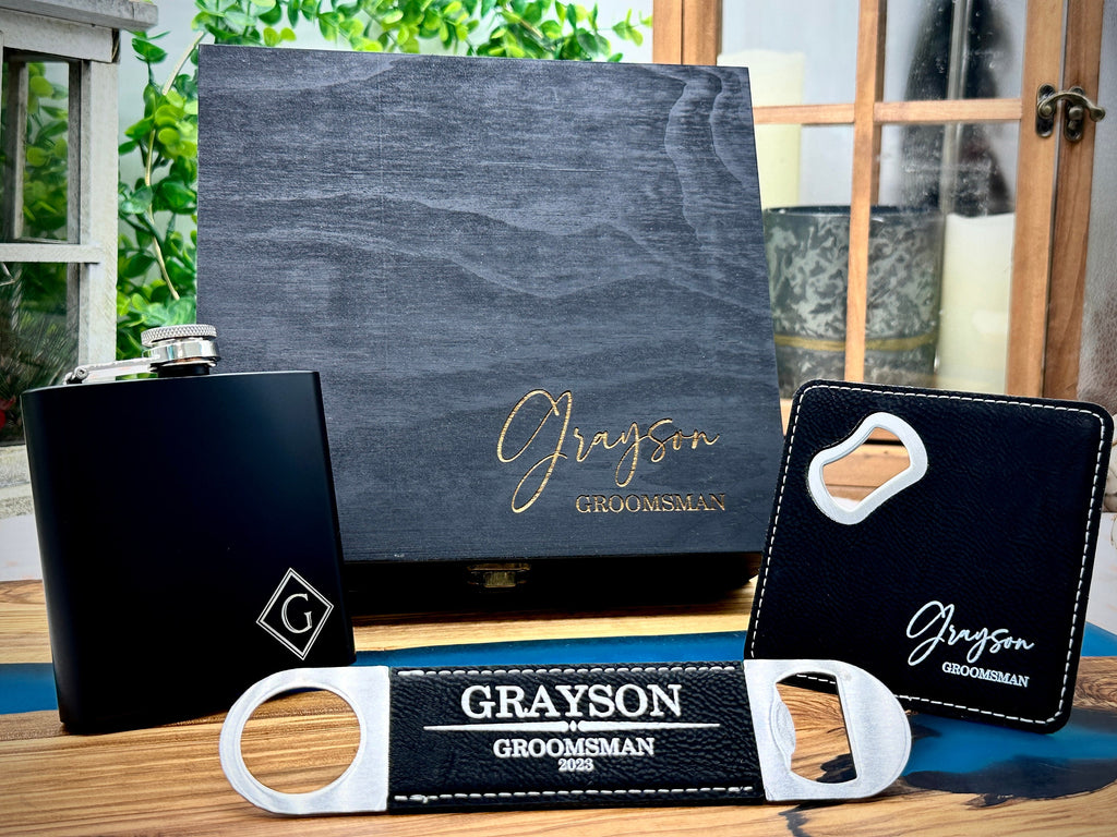 Groomsman Proposal Wood Gift Box, Engraved Flask, Bottle opener, Coaster, Groomsman Custom Gift Set