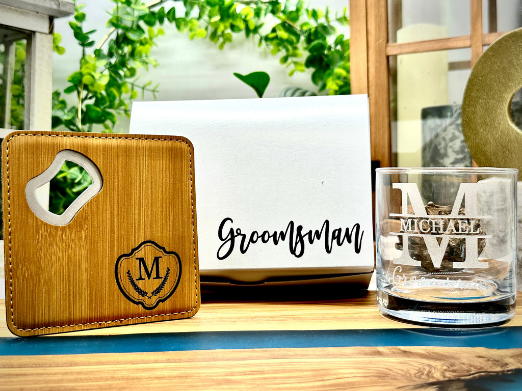 Personalized Whiskey Glasses for Groomsmen Proposal Gift Ideas, Coaster Bottle Opener