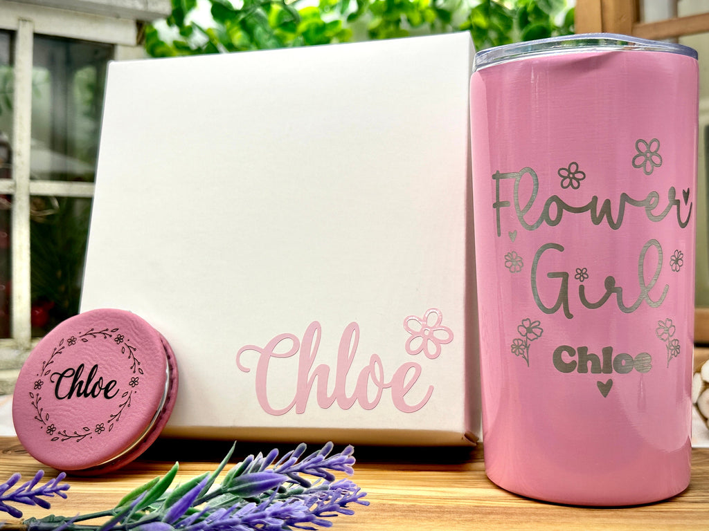 Gift for Flower Girl, Flower Girl Gift set with personalized Tumbler, Makeup Bag, Compact Mirror and Gift Box
