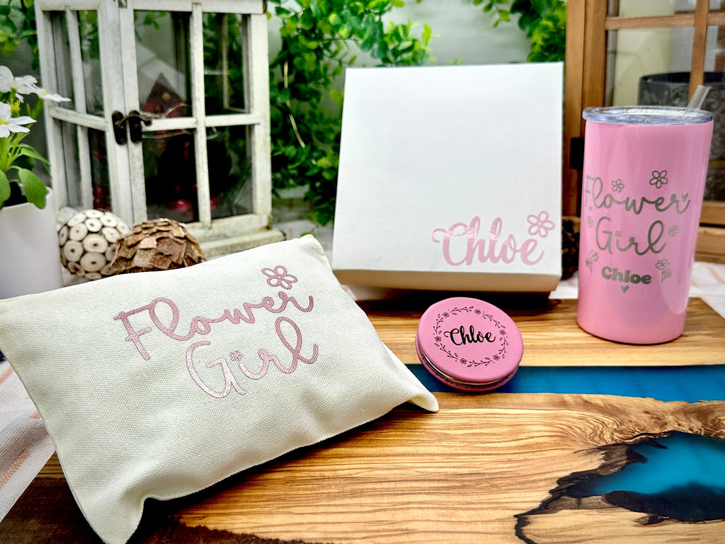 Gift for Flower Girl, Flower Girl Gift set with personalized Tumbler, Makeup Bag, Compact Mirror and Gift Box