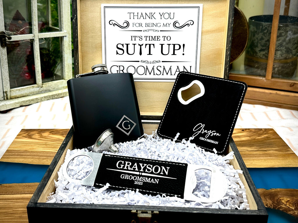 Groomsman Proposal Wood Gift Box, Engraved Flask, Bottle opener, Coaster, Groomsman Custom Gift Set