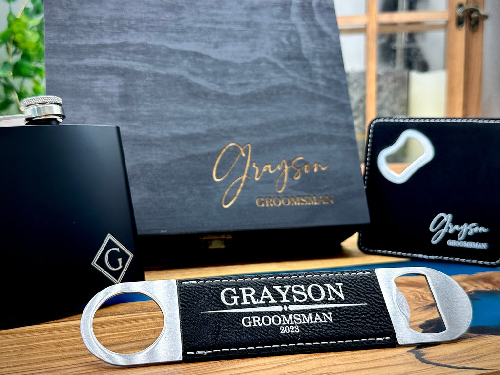 Groomsman Proposal Wood Gift Box, Engraved Flask, Bottle opener, Coaster, Groomsman Custom Gift Set