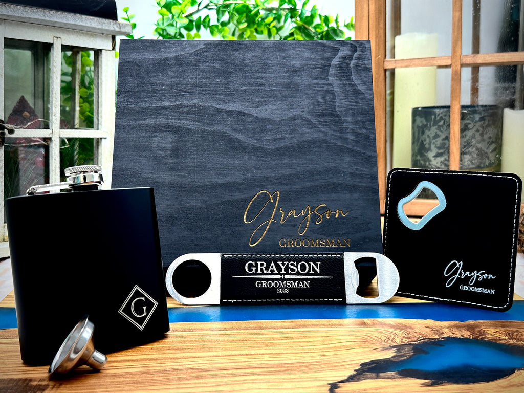Groomsman Proposal Wood Gift Box, Engraved Flask, Bottle opener, Coaster, Groomsman Custom Gift Set