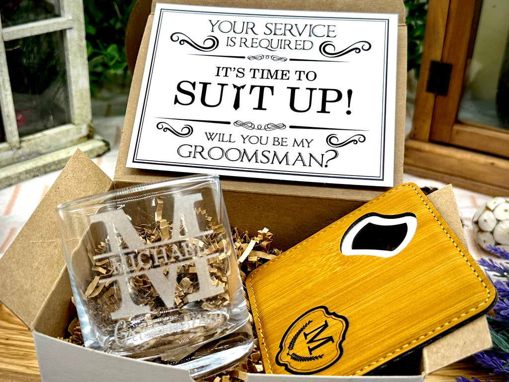 Personalized Whiskey Glasses for Groomsmen Proposal Gift Ideas, Coaster Bottle Opener