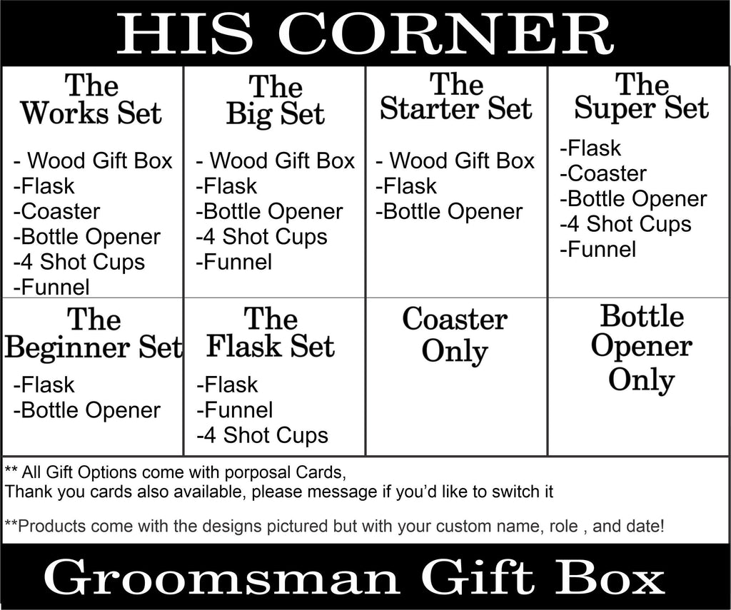 Groomsman Proposal Wood Gift Box, Engraved Flask, Bottle opener, Coaster, Groomsman Custom Gift Set
