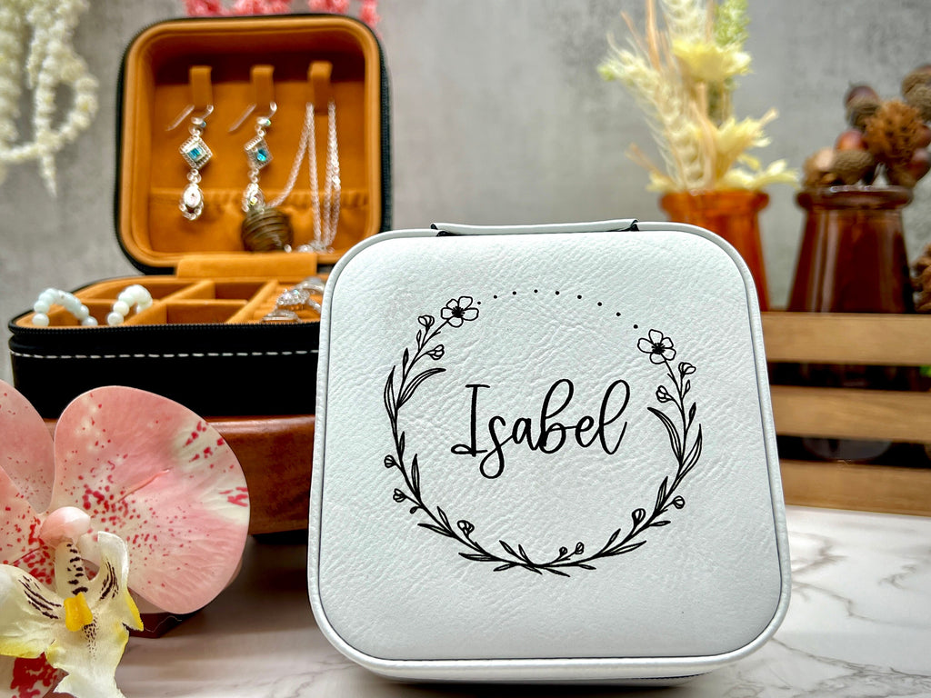 Floral Wreath Engraved Travel Jewelry Box Gift for Her, Personalized Jewelry Box, Gift for Girlfriend, Gift for Daughter