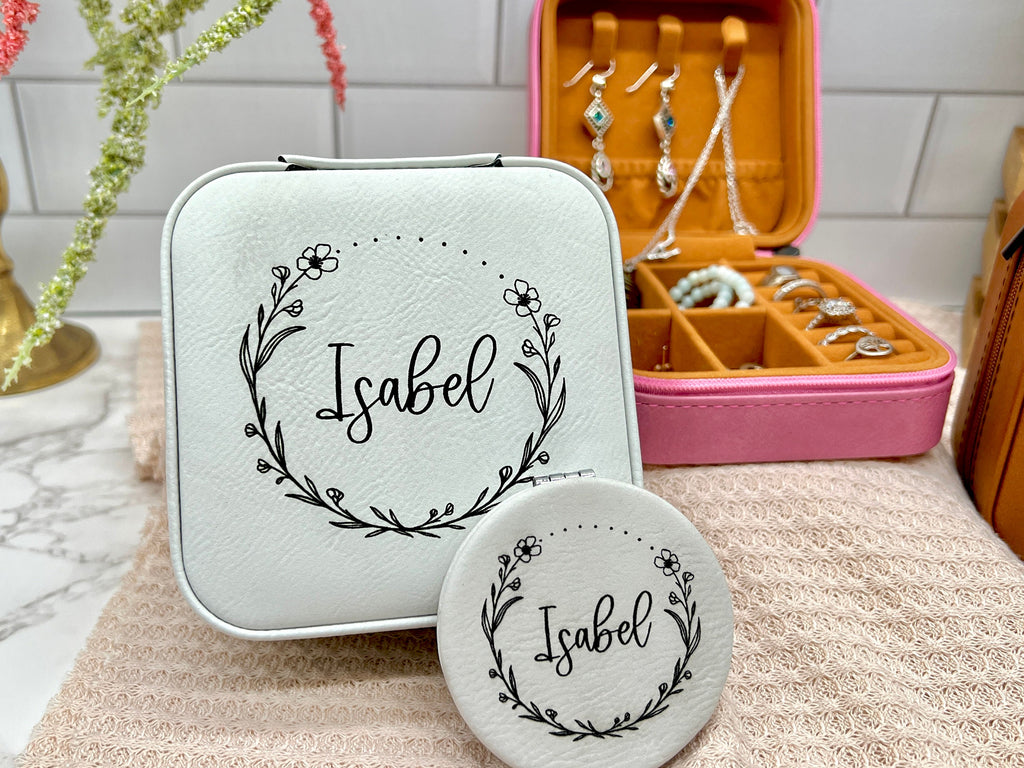Personalize Jewelry Box , Engraved Compact Mirror, Matching Jewelry Box and Mirror Set, Travel Jewelry Case Gift for Her