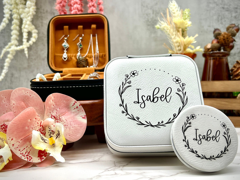 Personalize Jewelry Box , Engraved Compact Mirror, Matching Jewelry Box and Mirror Set, Travel Jewelry Case Gift for Her