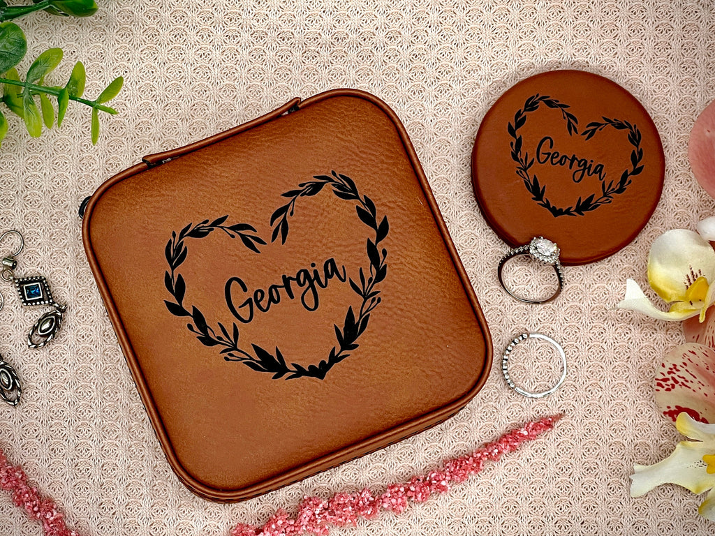 Personalize Jewelry Box , Engraved Compact Mirror, Matching Jewelry Box and Mirror Set, Travel Jewelry Case Gift for Her