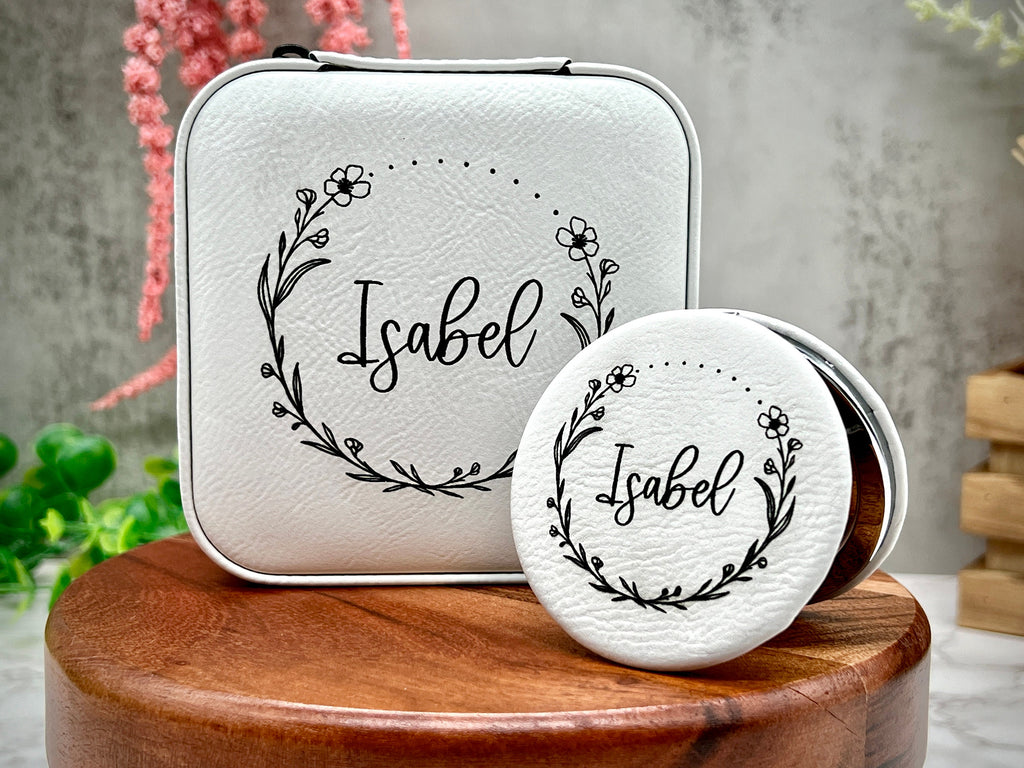 Personalize Jewelry Box , Engraved Compact Mirror, Matching Jewelry Box and Mirror Set, Travel Jewelry Case Gift for Her