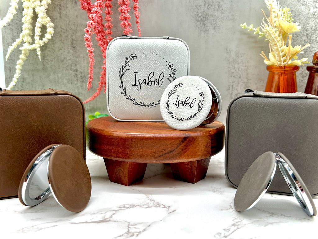 Personalize Jewelry Box , Engraved Compact Mirror, Matching Jewelry Box and Mirror Set, Travel Jewelry Case Gift for Her