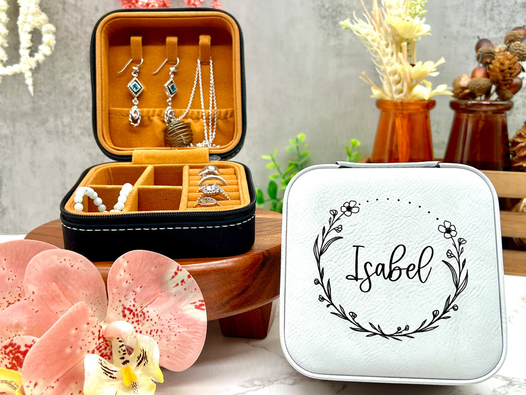 Floral Wreath Engraved Travel Jewelry Box Gift for Her, Personalized Jewelry Box, Gift for Girlfriend, Gift for Daughter