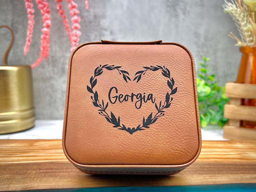 Floral Wreath Engraved Travel Jewelry Box Gift for Her, Personalized Jewelry Box, Gift for Girlfriend, Gift for Daughter