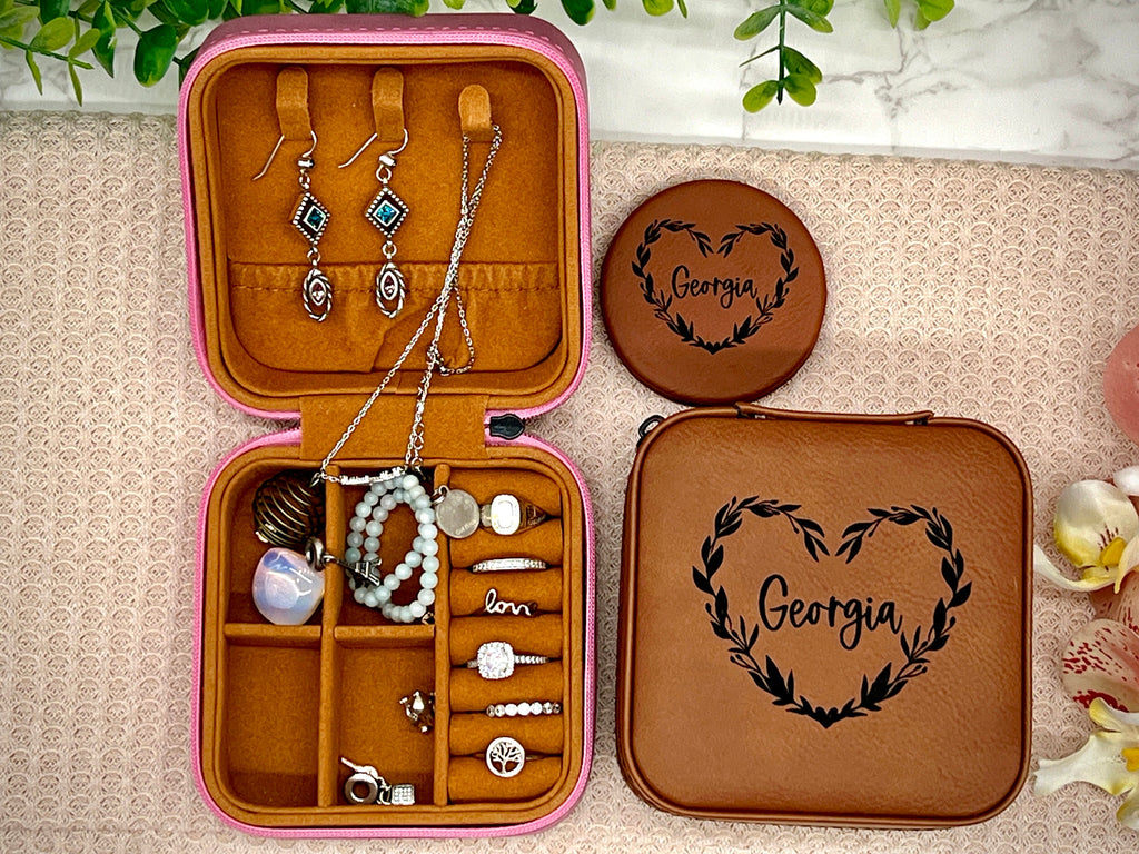 Personalize Jewelry Box , Engraved Compact Mirror, Matching Jewelry Box and Mirror Set, Travel Jewelry Case Gift for Her